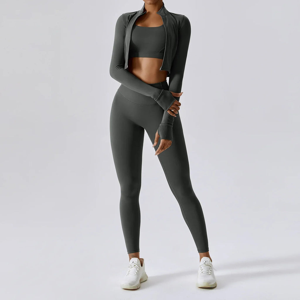 Women's 3-Piece Yoga Set | Zip Jacket & High-Waist Leggings