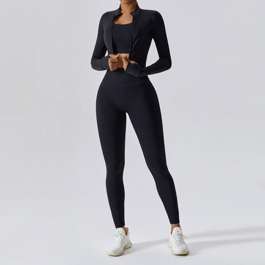 Women's 3-Piece Yoga Set | Zip Jacket & High-Waist Leggings